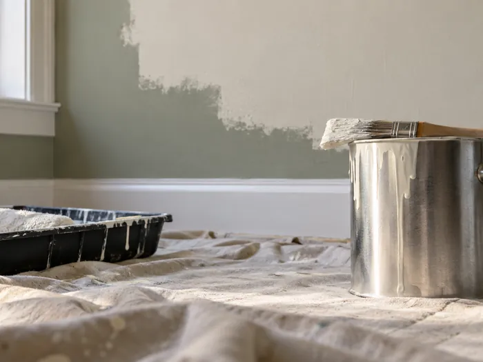 A painter cutting a clean line at a ceiling edge