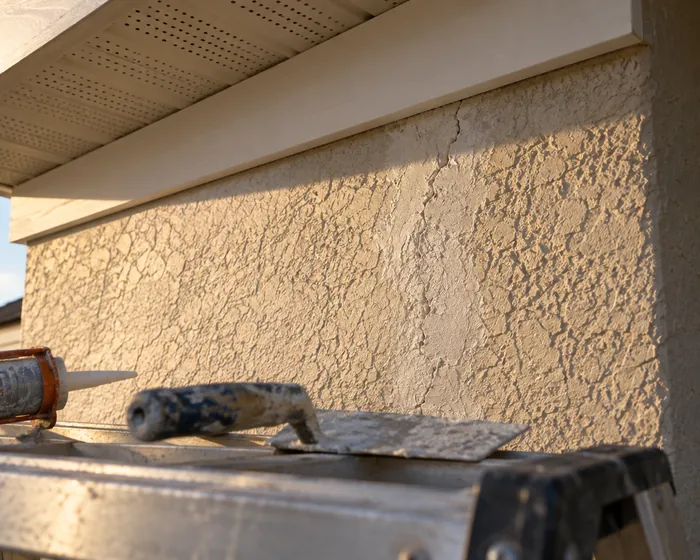 Patched stucco crack and a replaced fascia board on a Florida home