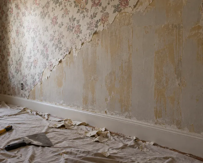 Dining room wall with dated wallpaper stripped back to bare drywall